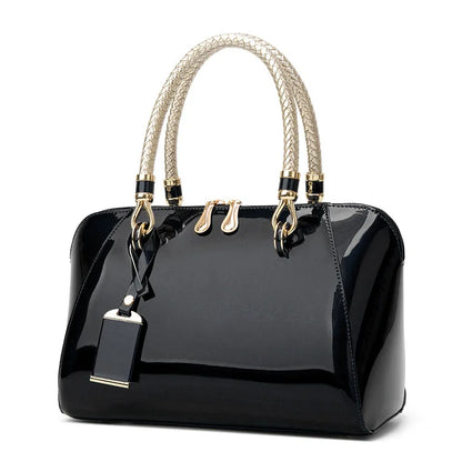 Women's Luxury Shiny Leather Boston Bag – Elegant Top-Handle Handbag in Blue, Red, Black, Beige & Pink, Fashion Shoulder Purse