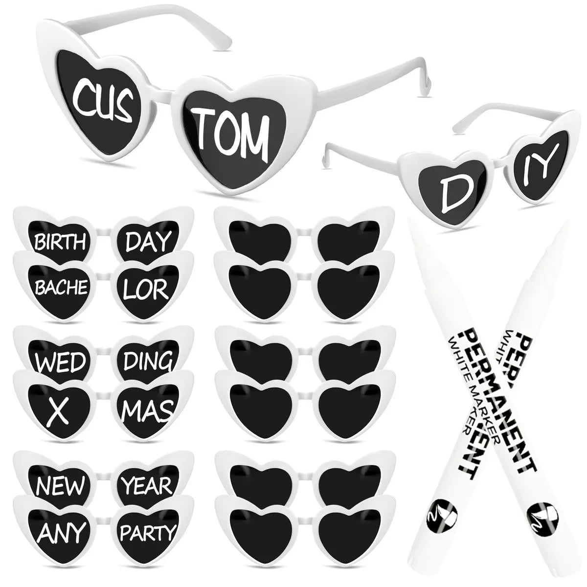 12–120PCS Personalized Heart Sunglasses with Pen – Wedding & Bachelorette Party Favors, Bridal Party Photo Props & Gifts