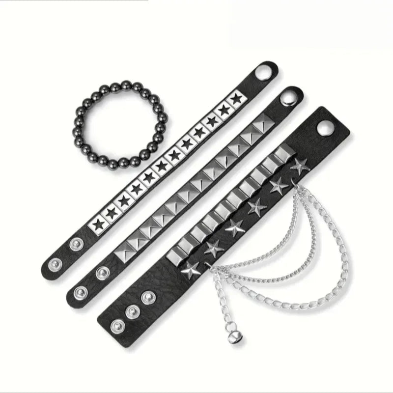 4-Piece Gothic Punk Bracelet Set – Square Rivet Metal Chain & Tassel Bracelets for Men & Women | Rock Fashion Jewelry Gift