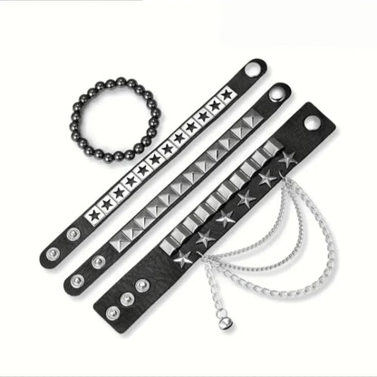 4-Piece Gothic Punk Bracelet Set – Square Rivet Metal Chain & Tassel Bracelets for Men & Women | Rock Fashion Jewelry Gift