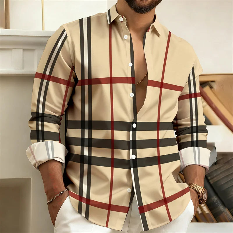 Men’s 3D Printed Plaid Long Sleeve Shirt – Fashion Casual Streetwear Top for Outdoor Everyday Wear, Sizes S–6XL