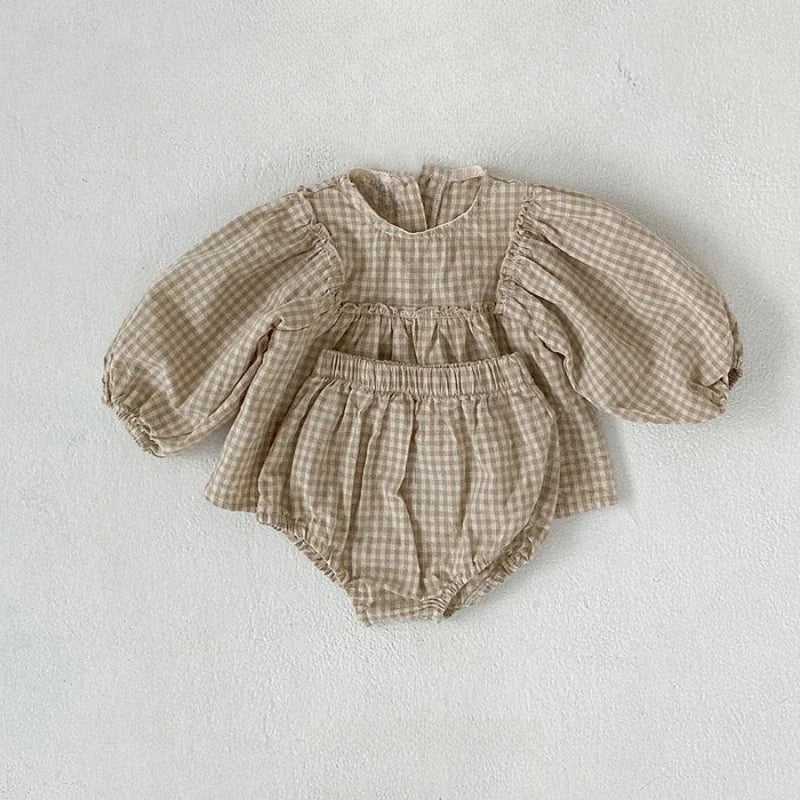 100% Cotton Baby Girl Plaid Blouse & Shorts Set Toddler 2-Piece Summer Outfit