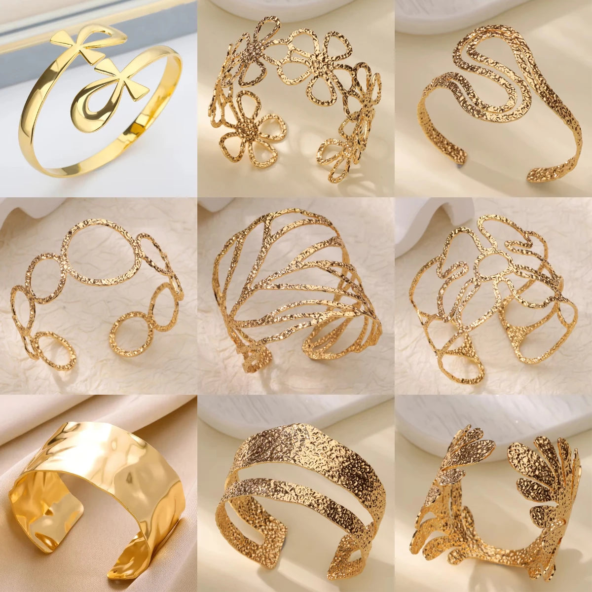 Stainless Steel Open Flower & Leaf Bangle Bracelet – Gold Geometric Cuff Bracelet for Women & Men | Minimalist Fashion Jewelry