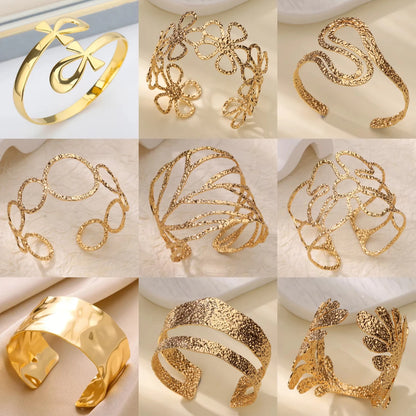 Stainless Steel Open Flower & Leaf Bangle Bracelet – Gold Geometric Cuff Bracelet for Women & Men | Minimalist Fashion Jewelry