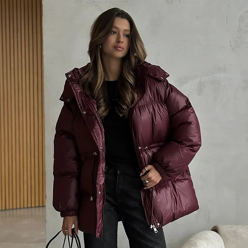 Women's 2026 Winter Puffer Jacket Solid Color Quilted Water-Resistant Coat with Zipper and Drawstring, Loose Fit Warm Casual Outerwear for Fall and Winter