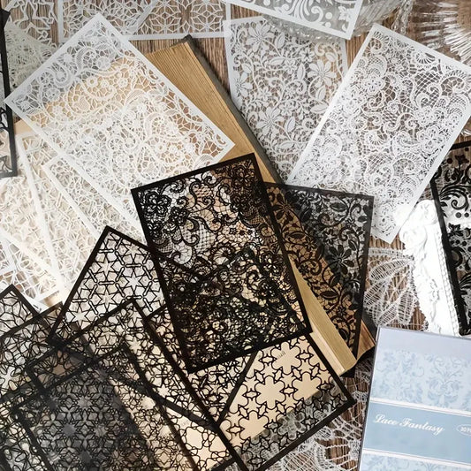 30 pegatinas de encaje vintage en blanco y negro – Pegatinas decorativas retro de PET para diarios, álbumes de recortes, collage DIY y manualidades de álbumes