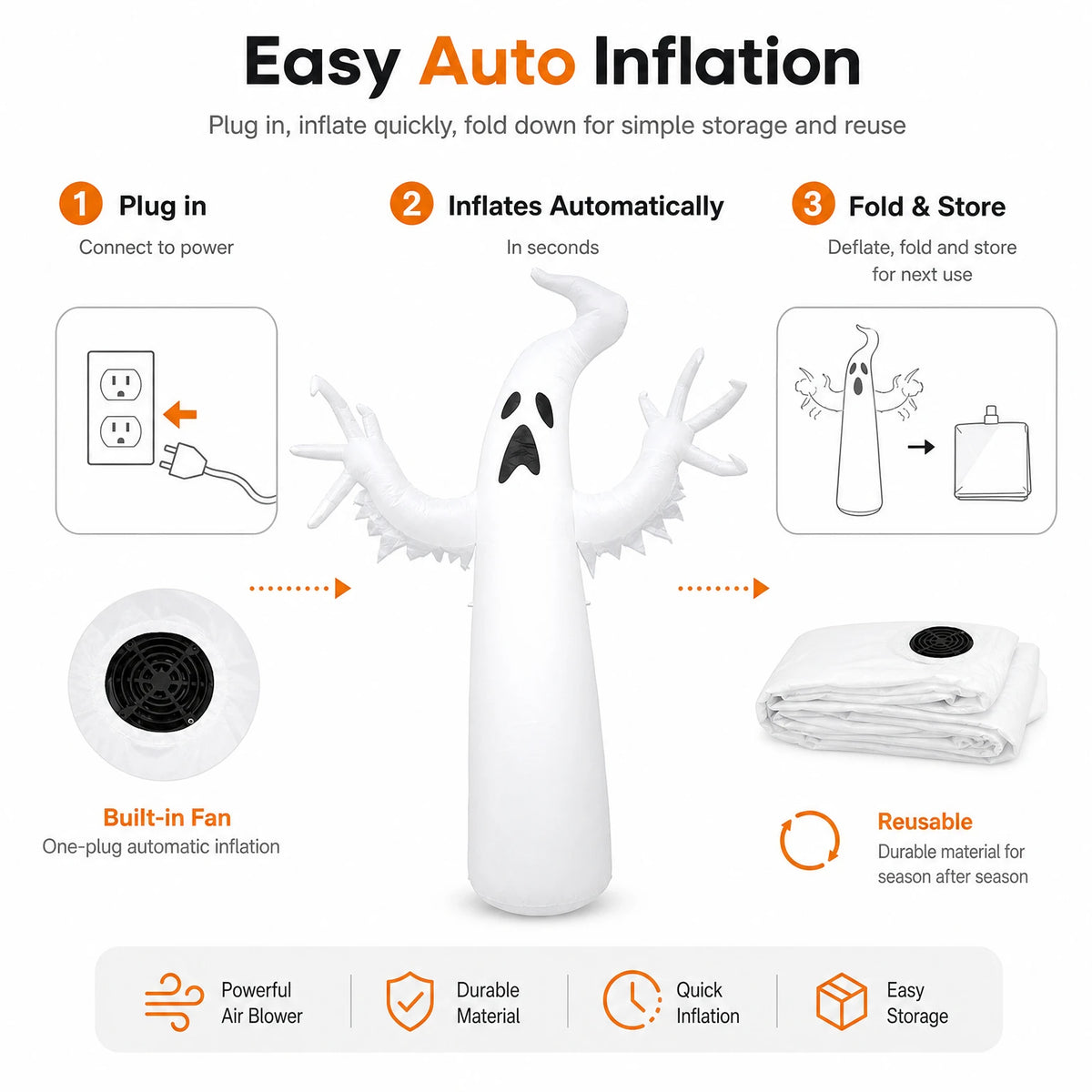 Large Inflatable Halloween Ghost Decoration – Standing PVC Ghost Yard Prop for Outdoor Lawn, Garden, Halloween Parties & Spooky Displays