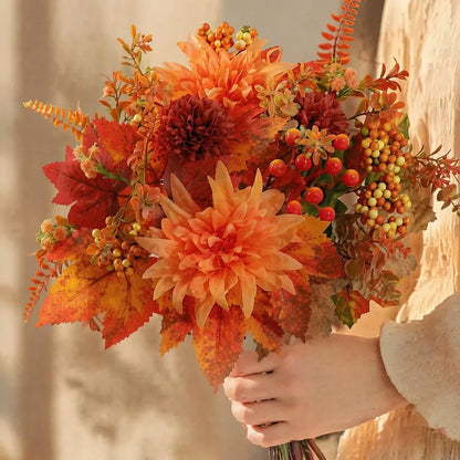 Artificial Fall Flower Bouquet with Maple Leaves & Pumpkin Accents – Faux Floral Stems for Thanksgiving, Halloween, Autumn Table Centerpieces & Home Decor