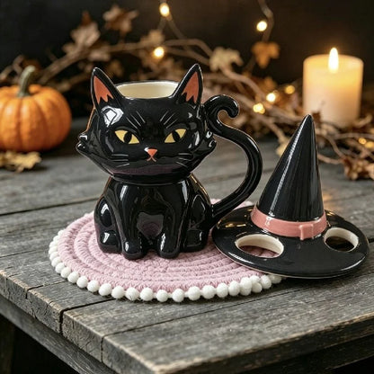 Black Cat Halloween Ceramic Mug – Cute Witch Hat Lid Coffee & Tea Cup for Home, Dorm & Parties, Cat Lover Gift