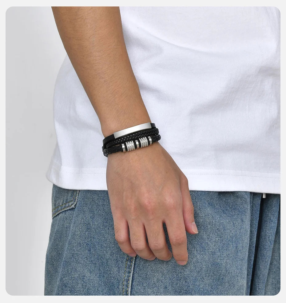 Vnox Personalized Braided Leather Bracelet for Men – Custom Name Engraved Triple Woven PU Leather Wristband | Handmade Gift Jewelry