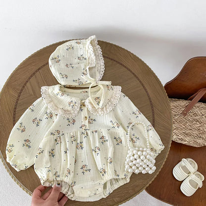 Conjunto de 2 piezas de pelele floral con sombrero para bebé, mameluco con solapa para recién nacida, conjunto de primavera