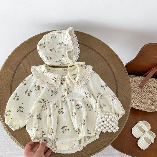 Conjunto de 2 piezas de pelele floral con sombrero para bebé, mameluco con solapa para recién nacida, conjunto de primavera