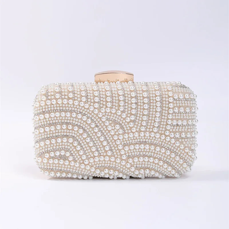 Elegant Pearl Evening Clutch Bag for Women Beaded Wedding Party Purse with Long Chain Strap
