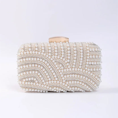 Elegant Pearl Evening Clutch Bag for Women Beaded Wedding Party Purse with Long Chain Strap