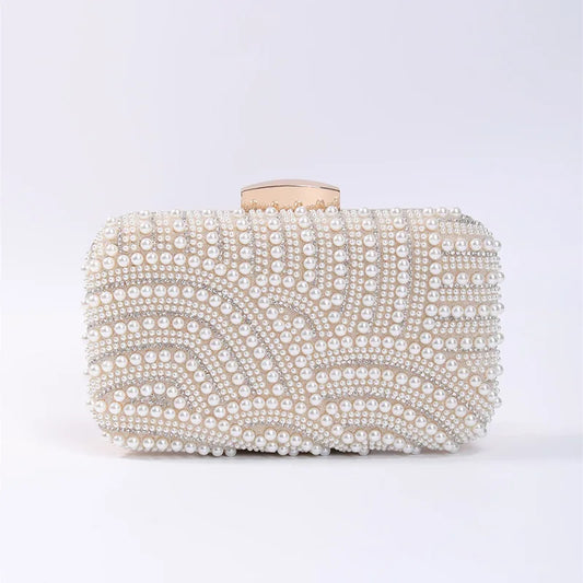 Pochette de Soirée Élégante Perles pour Femme, Sac à Main de Mariage Perlé avec Longue Chaîne