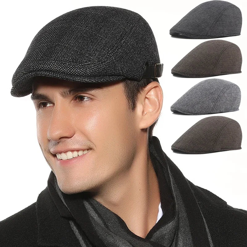 Men's Wool Beret Hat – Herringbone Flat Cap for Autumn & Winter, Classic Artist Painter Style Hat for Men