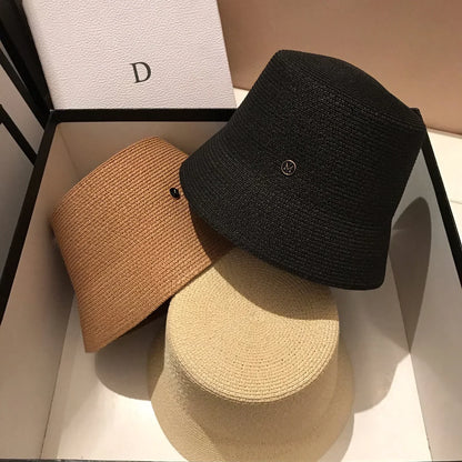 Japanese Designer M Straw Woven Summer Sun Hat for Women Casual Travel Panama Bucket Hat Sunscreen Slim-Face Luxury