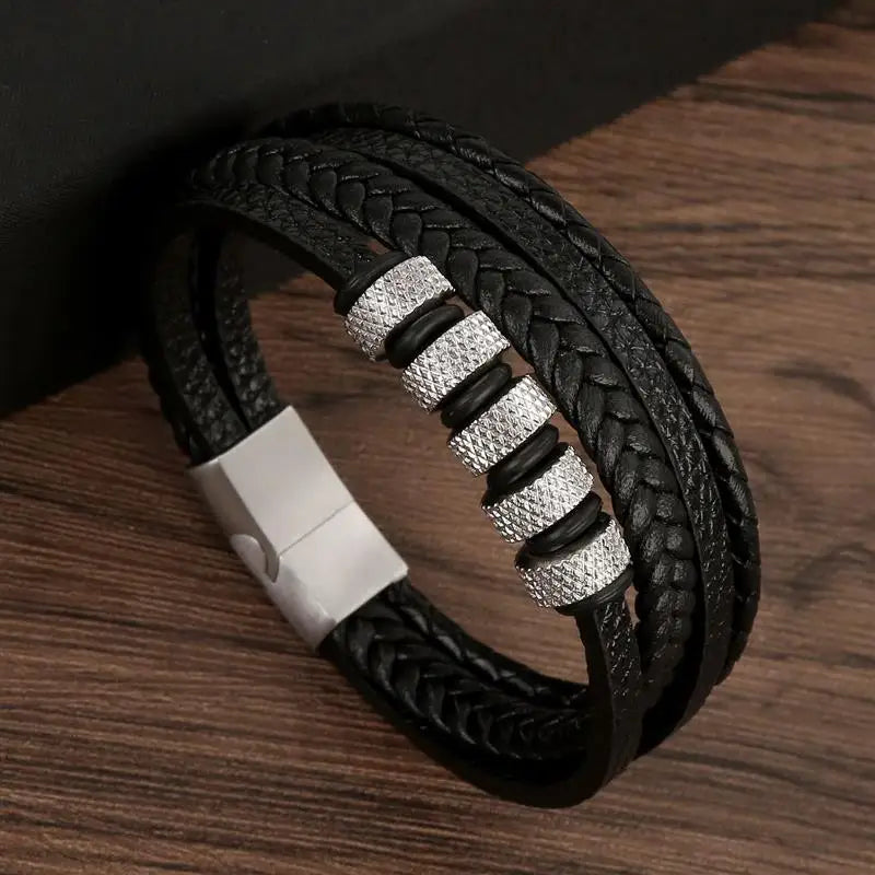 Pulsera de cuero clásica para hombre – Pulsera multicapa tejida a mano para hombre | Accesorio de joyería de moda casual, regalo