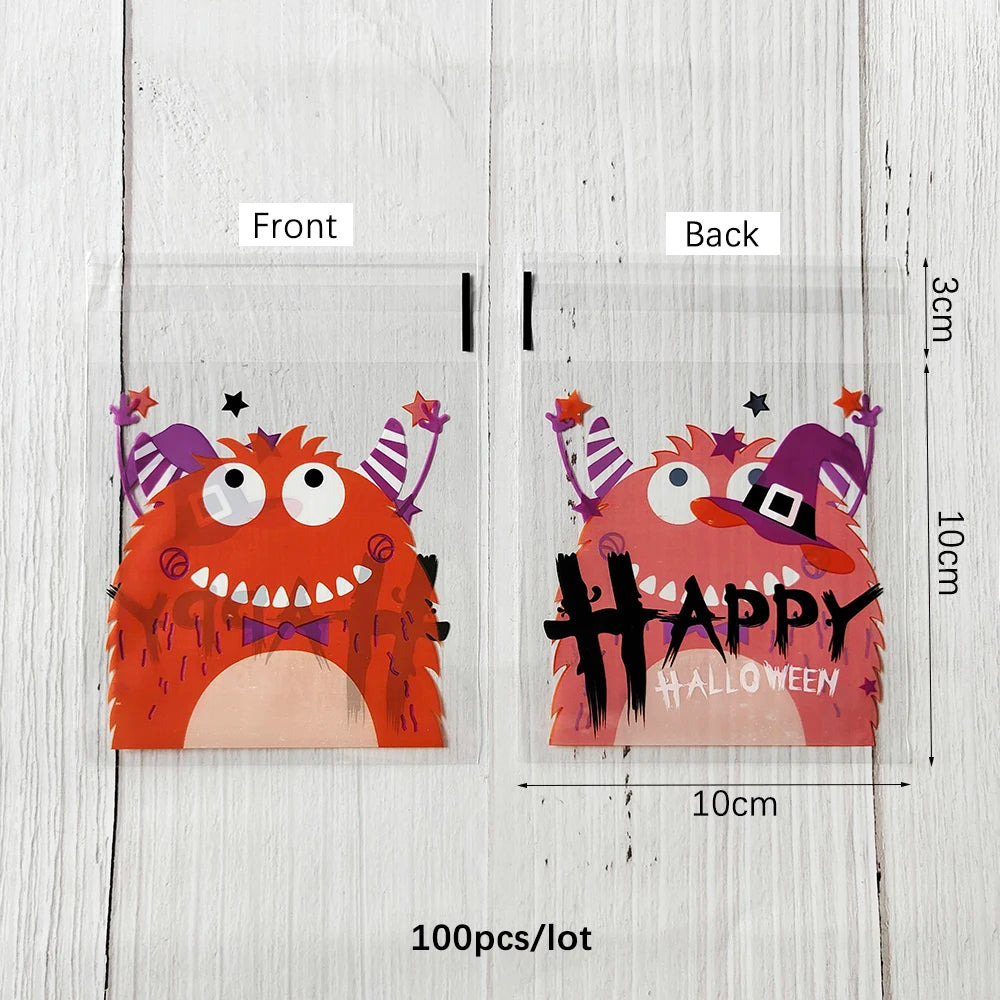 100PCS Halloween Candy Bags, Plastic Gift Packaging Bags with Ghost Pumpkin and Spider Prints, Trick or Treat Goodie Bags, Halloween Party Favors and Decorations