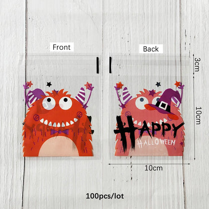 100PCS Halloween Candy Bags, Plastic Gift Packaging Bags with Ghost Pumpkin and Spider Prints, Trick or Treat Goodie Bags, Halloween Party Favors and Decorations