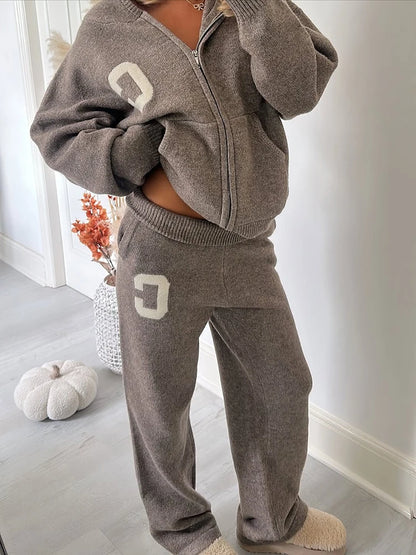Women’s Hooded Knit Tracksuit 2-Piece Set – Casual Knitted Jacket & Pants Trousers, Cozy Two-Piece Outfit for Everyday Wear