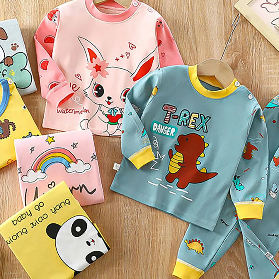 Conjunto de pijama de algodón para niños – Ropa de dormir de dibujos animados de otoño invierno para niños y niñas, conjunto de ropa de descanso suave para niños, ropa de noche acogedora y conjunto para el hogar para un sueño cómodo
