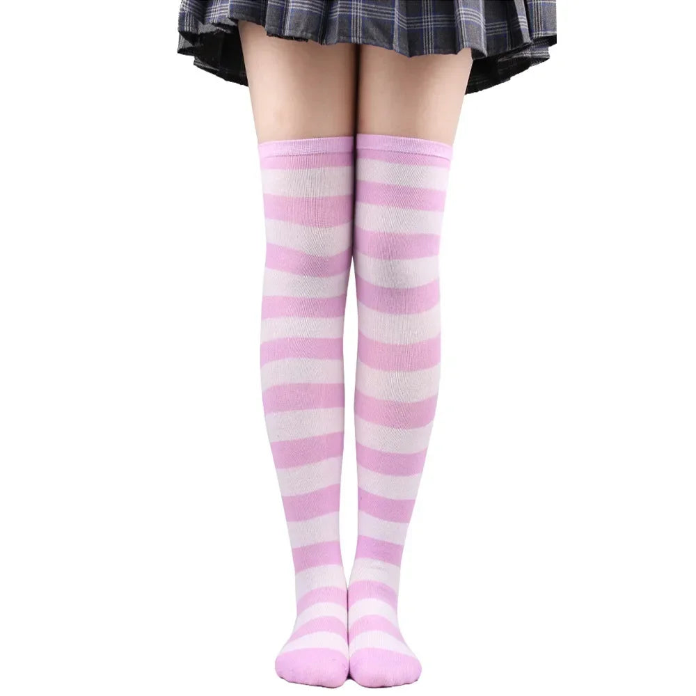 Thigh High Socks Women Over Knee Striped Polka Dot Stockings Black White Pink Lolita Cosplay Harajuku Y2K Kawaii