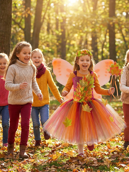 Autumn Forest Fairy Costume Dress for Girls – Woodland Maple Leaf Tutu Princess Dress for Halloween, Thanksgiving & Dress-Up