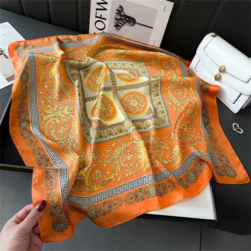 70x70CM Foulard en soie imprimé pour femme – Châle Pashmina carré tendance, tour de cou de luxe, bandeau et bandana décoratif