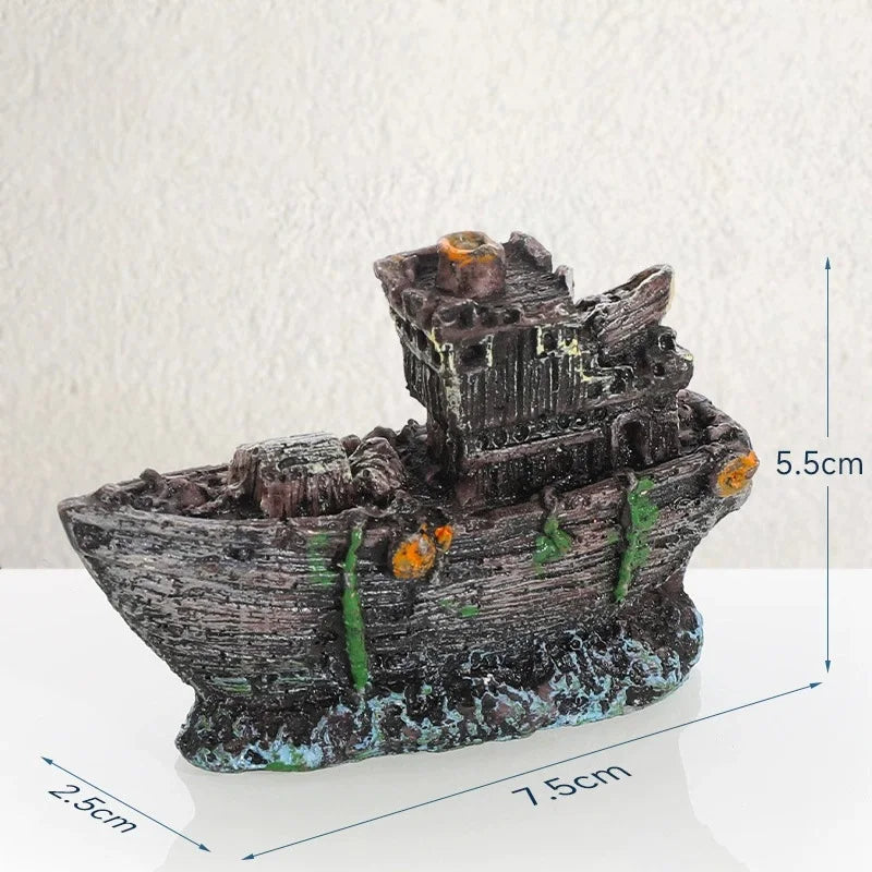 Retro Resin Ship Aquarium Ornament – Hollow Boat Fish Hiding Cave, Non-Toxic Fish Tank Decoration for Aquascaping & Underwater Landscaping