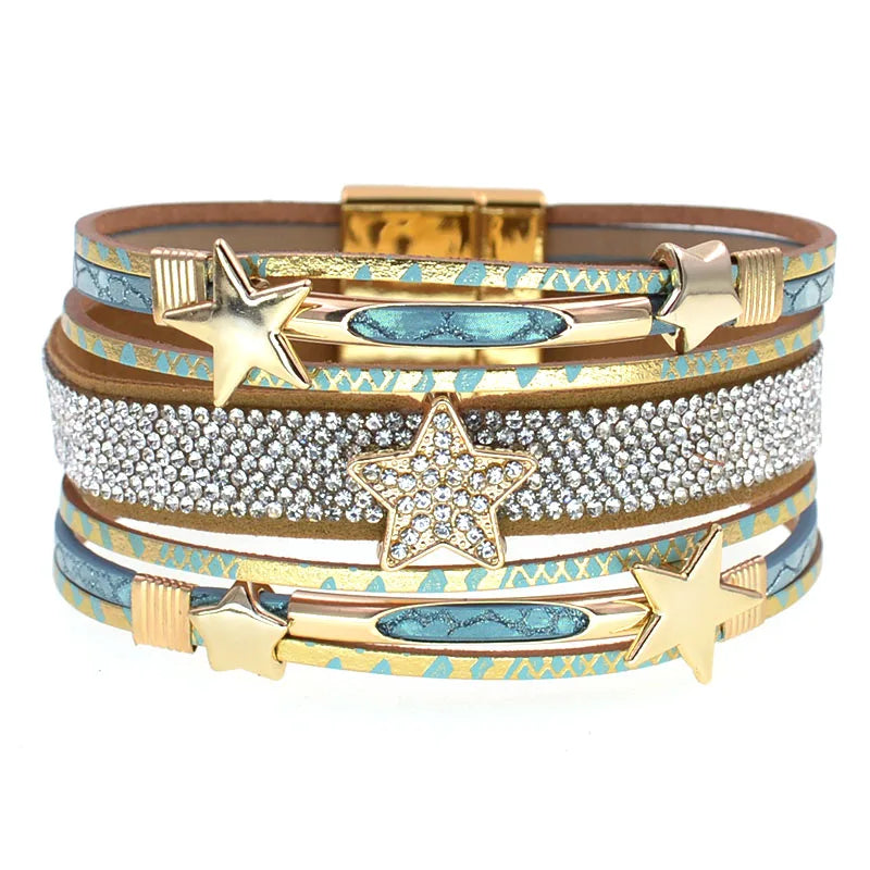 Pulsera de cuero WELLMORE con dije de estrella – Pulsera bohemia de aleación de zinc para mujer | Regalo de joyería de moda en capas