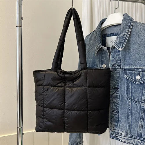 Sac à bandoulière matelassé pour femmes – Grand sac fourre-tout en nylon pour l'hiver 2025, motif en coton chaud, sac à main de voyage décontracté et tendance