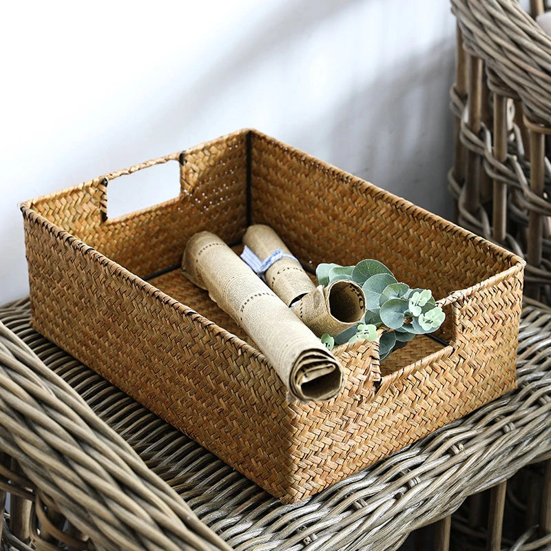 Zerolife Panier en jonc de mer naturel tressé – Grand panier de rangement en osier de paille pour la décoration intérieure, corbeille à fruits et à pain de table, organiseur de serviettes, récipient de rangement de cuisine et panier de ferme rustique