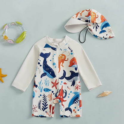 Kids Shark Print Rash Guard Swimwear Set – Long Sleeve Half Zip-Up Bathing Suit with Sun Hat, 2-Piece Toddler Boys’ Swimsuit for 0-5 Years, UV Protective Beachwear for Pool, Swimming & Summer Activities