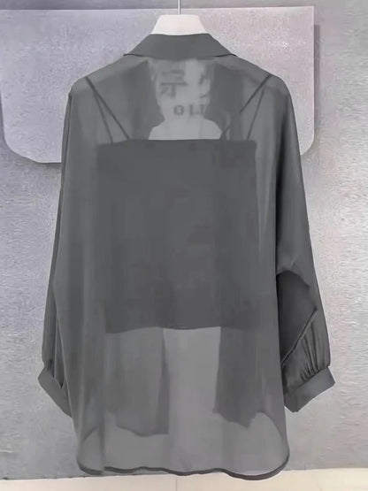 Plus Size Women's Summer Blouse – Lightweight Chiffon Long Sleeve Button-Up Shirt, Loose Breathable Sun-Protection Top