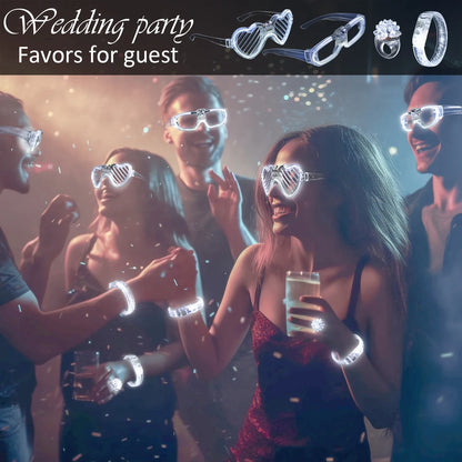 Juego de recuerdos LED para bodas – Gafas luminosas, pulseras que brillan en la oscuridad y anillos parpadeantes para bodas