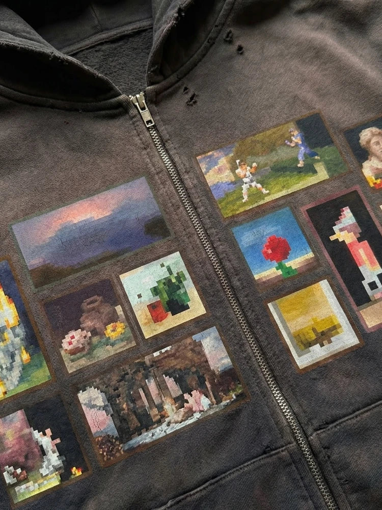 Sweat à capuche zippé marron rétro Y2K, coupe oversize, avec motif graphique pixelisé