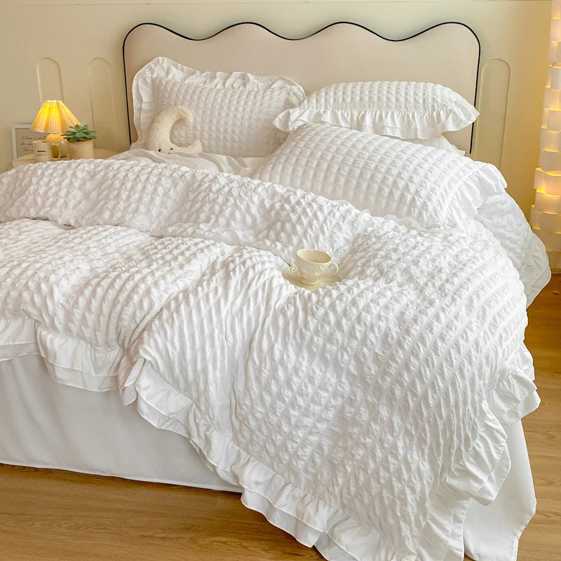 Juego de ropa de cama de 3 piezas de encaje coreano Seersucker – Juego de funda nórdica y fundas de almohada para dormitorio y habitación de invitados