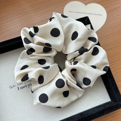 Korean Dot Satin Scrunchies – White & Black Silk Elastic Hair Ties for Women & Girls | Fashion Ponytail Hair Accessories