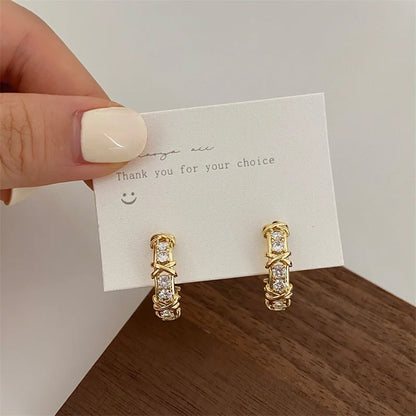 Vintage Double-C Cross Zircon Stud Earrings – Korean Fashion Crystal Earrings for Women | Elegant Engagement Jewelry Gift