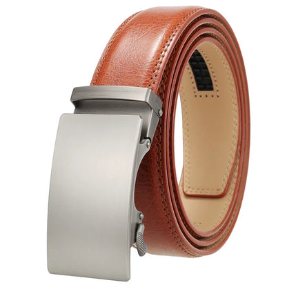 Plyesxale Men's Brown Leather Belt 2026 – Automatic Buckle Vintage Belt for Jeans, Luxury-Style Casual Waist Strap, Ceinture Homme B9