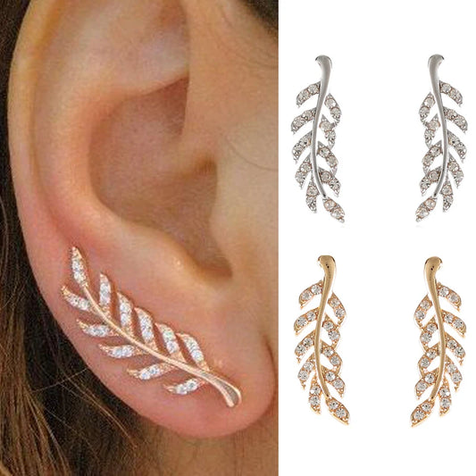 Women’s Hollow Out Leaf Earrings Vintage Crystal Wheat Stud Unique Silver Gold Color Jewelry Gift