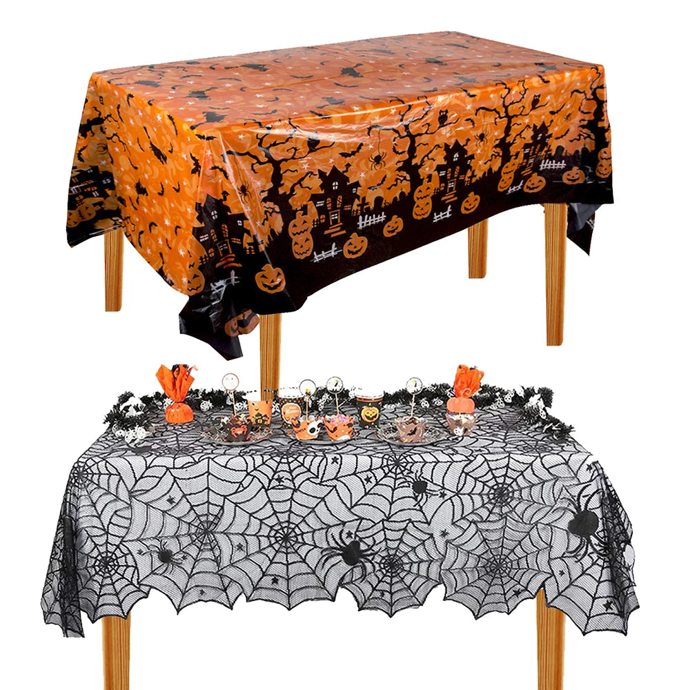 Halloween Tablecloth, Haunted House Pumpkin and Spider Web Table Cover, Spooky Dining Table Decor, Halloween Party Supplies, Indoor Home Kitchen Decoration