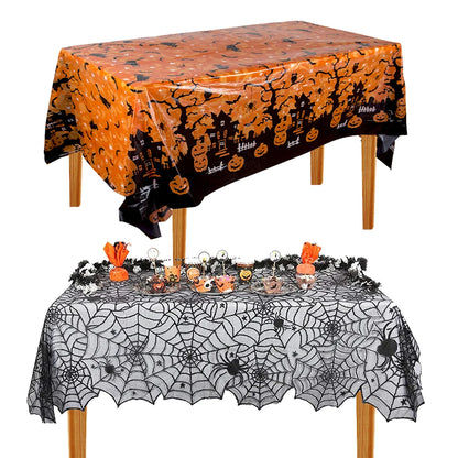 Halloween Tablecloth, Haunted House Pumpkin and Spider Web Table Cover, Spooky Dining Table Decor, Halloween Party Supplies, Indoor Home Kitchen Decoration