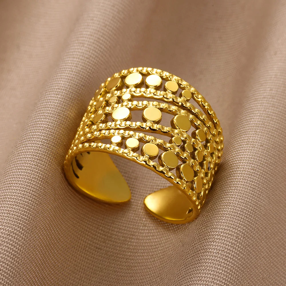 Anillo abierto grueso dorado vintage – Anillo llamativo geométrico de acero inoxidable para mujer