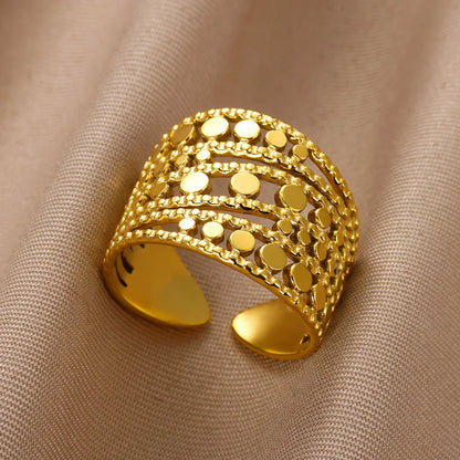 Anillo abierto grueso dorado vintage – Anillo llamativo geométrico de acero inoxidable para mujer