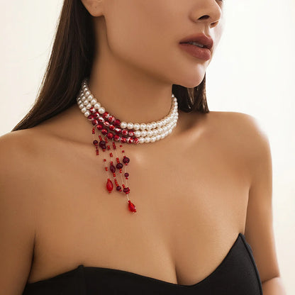 DIEZI Gothic Multilayer Red Blood Pearl Choker Necklace – Vintage Crystal Beaded Statement Jewelry for Women, Halloween & Gothic Parties