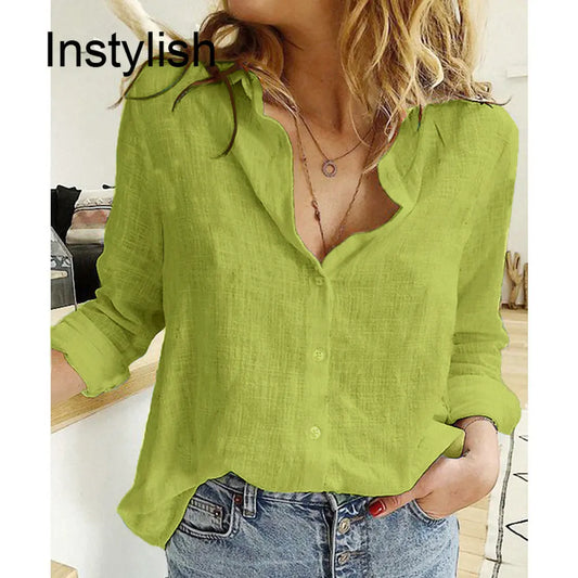 Camisa extragrande de lino y algodón para mujer – Blusa de manga larga con botones, túnica informal vintage con solapa y top Y2K de estilo urbano