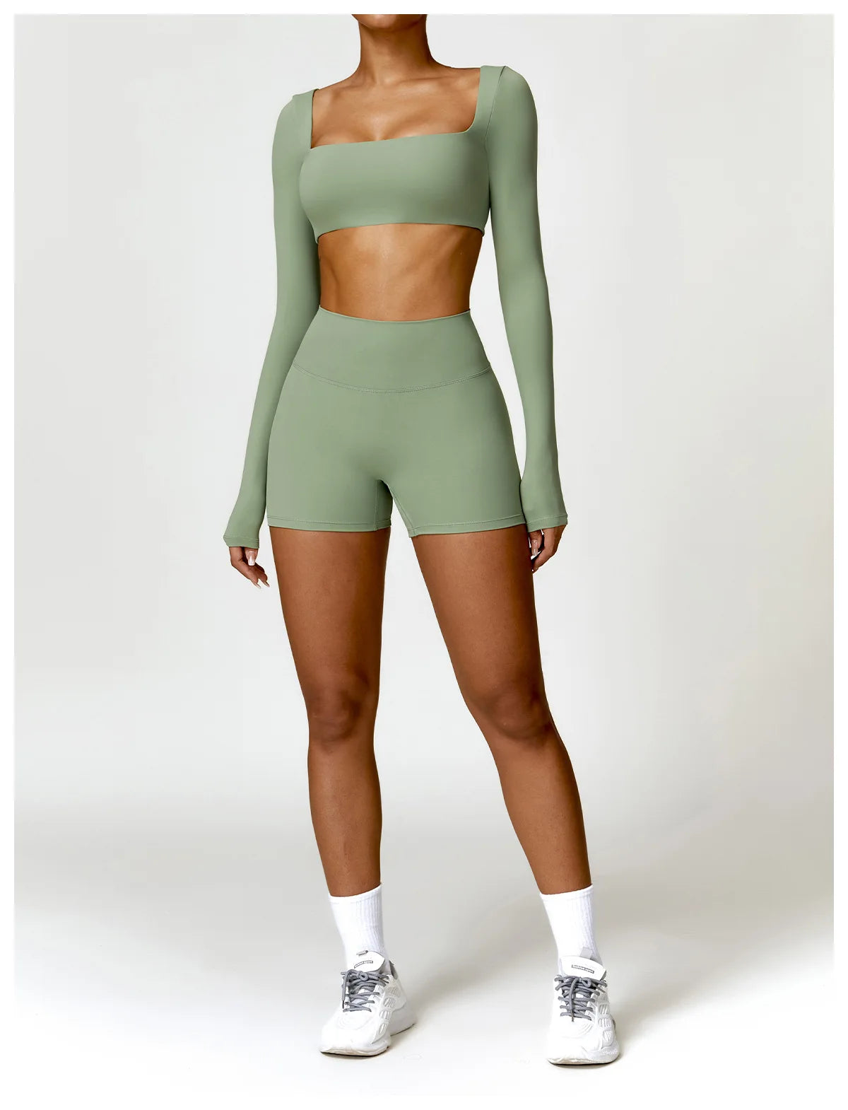 Women’s Square Neck Sports Crop Top – Long Sleeve Quick-Dry Gym Yoga Fitness Activewear