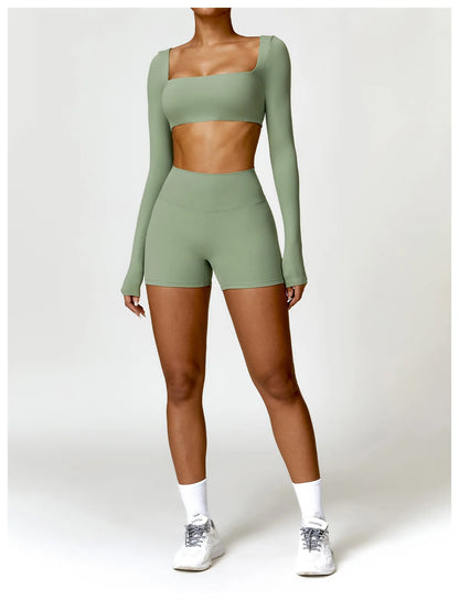 Women’s Square Neck Sports Crop Top – Long Sleeve Quick-Dry Gym Yoga Fitness Activewear
